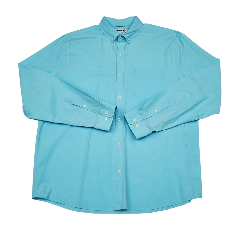 Mens Express Bright Blue Long Sleeve Button Down Dress Shirt XL Classic Softwash